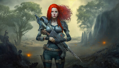 Obraz premium A female fantasy warrior with long red hair,