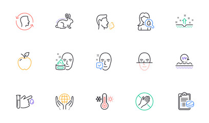 Organic tested, Face accepted and Cough line icons for website, printing. Collection of Face cream, Thermometer, Moisturizing cream icons. Dont touch, Blood donation, Apple web elements. Vector