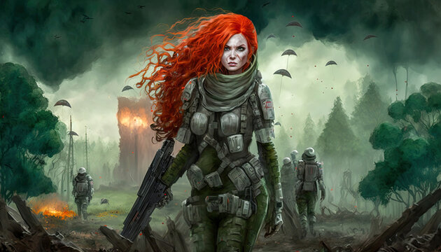 A female fantasy warrior with long red hair,