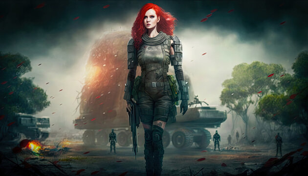 A female fantasy warrior with long red hair,