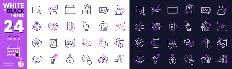 Gear, Voice wave and Outsource work line icons for website, printing. Collection of Contactless payment, Refresh, Work home icons. Fake news, Puzzle game, Calendar web elements. Vector