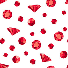 Rubies seamless pattern. Gemstones of red color of different shapes isolated on white. Luxury jewelry background.