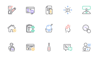 Checkbox, Brand ambassador and Dumbbell line icons for website, printing. Collection of Discounts, Sms, Ice cream icons. Payment, Interview job, Web settings web elements. Champagne. Vector