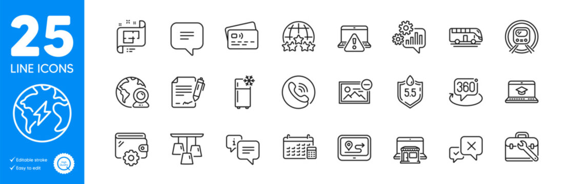Outline icons set. Marketplace, Calendar and Rating stars icons. Cogwheel, Ceiling lamp, Reject web elements. Info, Wallet, Metro subway signs. Architectural plan, Card, Call center. Vector