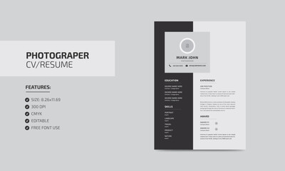 Modern photographer cv resume design editable resume template