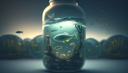 Fisch im tiefen Ozean, grün schimmernd, konserviert in einem Einmachglas
