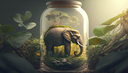Elefant im grünen Dschungel, konserviert in einem Einmachglas