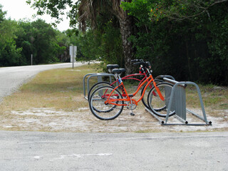 Fototapeta premium SANIBEL FL - DECEMBER 05: Bikes Parked in Rack at Ding Darling Wildlife Refuge 2012