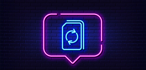 Neon light speech bubble. Update Document line icon. Refresh Information File sign. Paper page concept symbol. Neon light background. Update document glow line. Brick wall banner. Vector