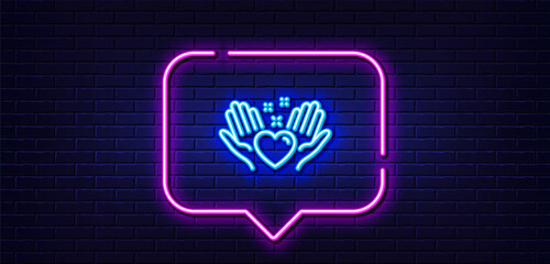 Neon light speech bubble. Hold heart line icon. Friends love sign. Friendship hand symbol. Neon light background. Hold heart glow line. Brick wall banner. Vector