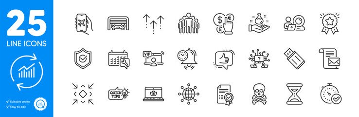 Outline icons set. Minimize, Video conference and Time management icons. Mail letter, Chemistry lab, Usb flash web elements. Online shopping, Time, International globe signs. Update data. Vector
