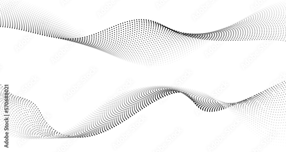 Poster Flowing dots particles wave pattern halftone gradient curve shape isolated on transparent background. Vector in concept of technology, science, music, modern flowing geometric backdrop.