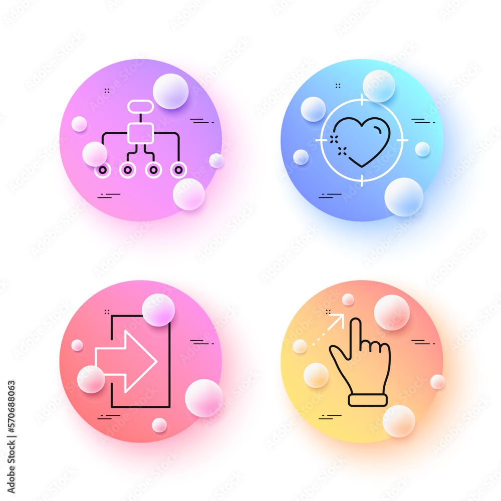 Poster restructuring, heart target and touchscreen gesture minimal line icons. 3d spheres or balls buttons.