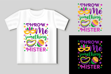 Throw me somethig mister. Mardi Gras design with mask, beads and coconut On the mockup of a T shirt © Katsiaryna