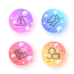 E-mail, Credit card and Warning minimal line icons. 3d spheres or balls buttons. Currency rate icons. For web, application, printing. Mail delivery, Loan percent, Important message. Vector