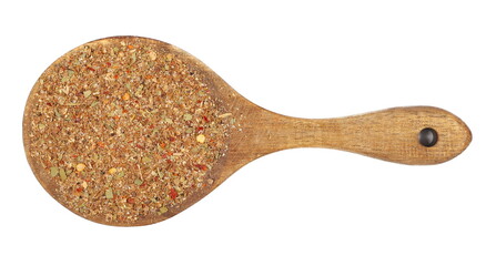 Garam masala, minced spice blend in wooden spoon, mix black pepper, coriander, cumin, garlic granules, allspice, sea ​​salt, ground chili peppers, cinnamon, cloves grain, chopped ginger, bay leaves 