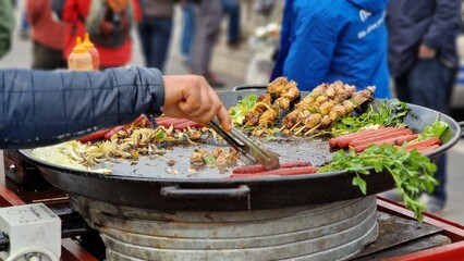 Urban food skewers on the grill