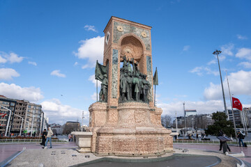 Istanbul, Turkey - February 10, 2023: The Republic Monument is a notable monument located at Taksim...