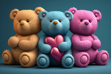 Three colorful teddy bears holding hearts for Valentine's Day