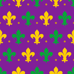 Fototapeta na wymiar Mardi Gras seamless pattern with colorful heraldic lilyes for wrapping paper, greeting cards, posters, banners.