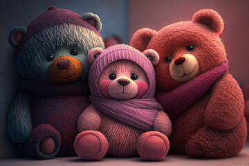 A family of cute teddy bears wearing hats and scarves