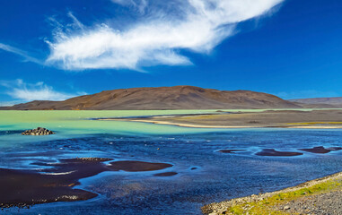 Beautiful icelandic natur landscape, lonely colorful glacial lake, mountain - Hrauneyjalon lagoon,...