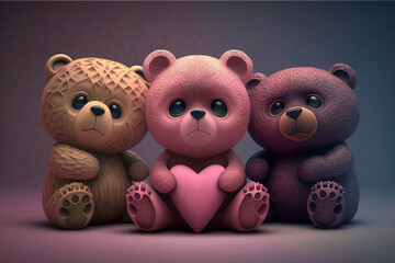 Pink teddy bear sits and holds a heart, multi-colored teddy bear friends sit next to it