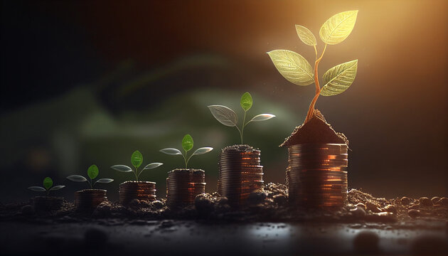 a row of stacks of coins with a plant growing out of them. Tree leaf on save money coins, Business finance saving banking investment concept. Generative AI