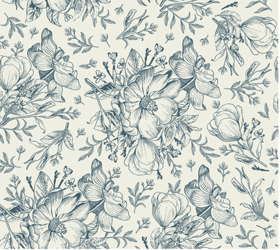 Seamless pattern. Dogrose Rosehip Wild rose. Beautiful fabric blooming realistic isolated flowers. Vintage background. Wallpaper baroque retro. Drawing engraving sketch. Vector victorian Illustration 