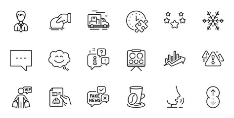 Outline set of Stars, Donate and Air conditioning line icons for web application. Talk, information, delivery truck outline icon. Include Blog, Fake news, Puzzle time icons. Vector