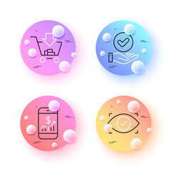 Mobile finance, Biometric eye and Approved checkbox minimal line icons. 3d spheres or balls buttons. Shopping icons. For web, application, printing. Vector