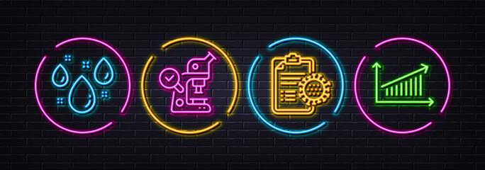 Rainy weather, Microscope and Coronavirus report minimal line icons. Neon laser 3d lights. Chart icons. For web, application, printing. Water drop, Laboratory science, Treatment. Vector