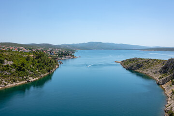 Fototapeta na wymiar Landscape from high above near an old town near Zadar Croatia