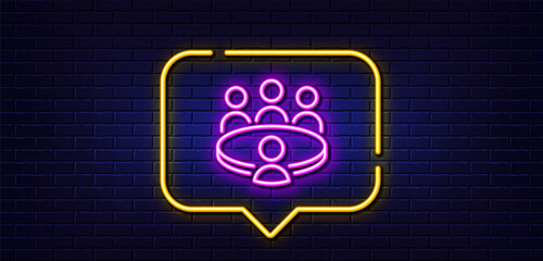 Neon light speech bubble. Meeting results line icon. Business teamwork sign. Group people symbol. Neon light background. Meeting glow line. Brick wall banner. Vector