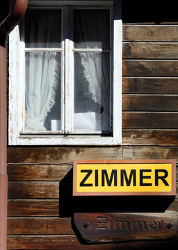 room for rent sign, Swiss wooden beams house characteristic for Valaisian alpine architecture, Fiesch - resort, Jungfrau Aletch area - UNESCO World Heritage site, Valais, Wallis, Switzerland, Europe