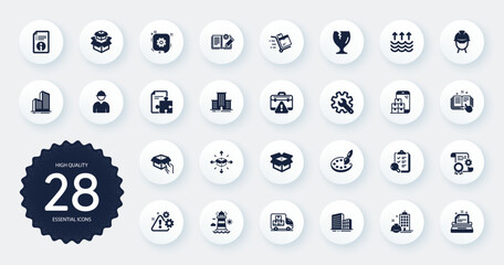 Set of Industrial icons, such as Mobile inventory, Lighthouse and Skyscraper buildings flat icons. Warning, Palette, Construction building web elements. Typewriter, Buildings, Open box signs. Vector