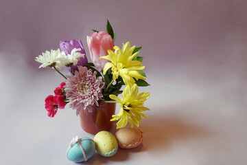 Spring Bouquet with Speckled Embellished Eggs on Lavender Background 