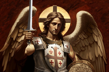 Powerful Archangel Michael holding a sword wearing an armor - obrazy, fototapety, plakaty