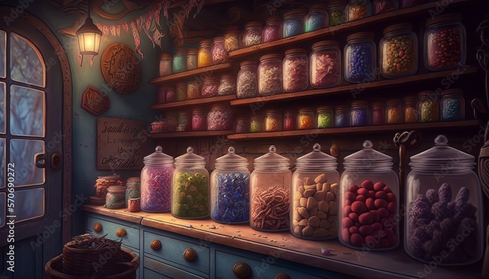 Wall mural Old and magical sweet shop. Generative AI.
