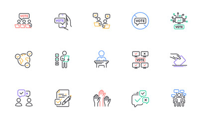 Voting line icons. Public Election, Vote Ballot Paper icons. Candidate, Politics voting and People vote. Government election, Raised hands, Document checklist. Online poll result. Vector