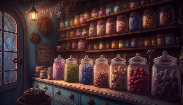 Old and magical sweet shop. Generative AI.
