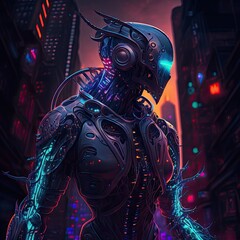 Futuristic neonpunk biomechanical robot, futuristic city background, intense colors. Generative AI.