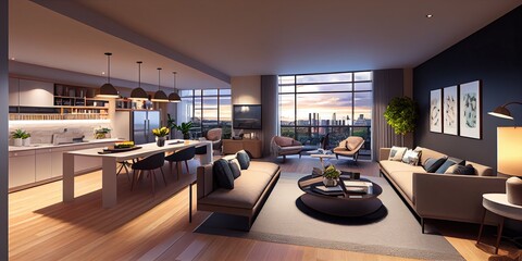 Apartment panorama interior, open concept, modern. Generative AI.