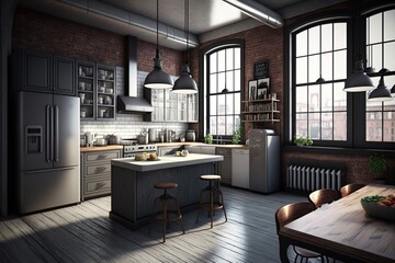 Modern kitchen design apartment industrial design on New York City Chicago NY with windows and natural lightning