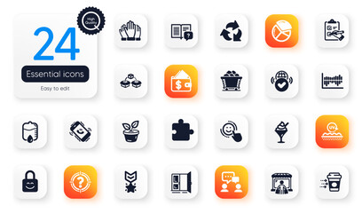 Set of Business flat icons. Vote, Pie chart and Drop counter elements for web application. Instruction manual, Coffee delivery, Recycle icons. People chatting, Lock, Checklist elements. Vector
