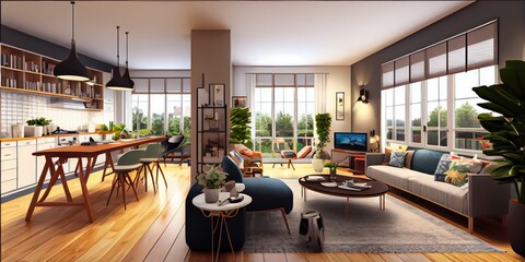 Apartment panorama interior, open concept, modern. Generative AI.