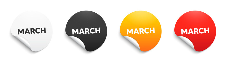March month icon. Round sticker badge with offer. Event schedule Mar date. Meeting appointment planner. Paper label banner. March adhesive tag. Vector