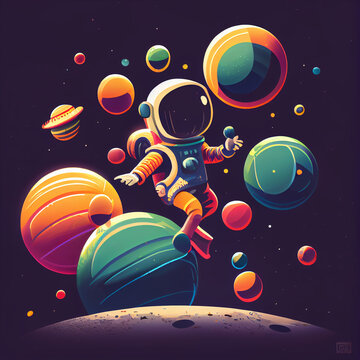 illustration of an astronaut with planet balloons for graphic element/sticker/t shirt design ideas.Generative AI Technology