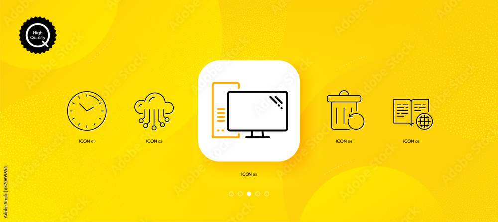 Poster recovery trash, computer and time minimal line icons. yellow abstract background. internet book, clo