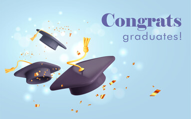 Graduate student hats and confetti flying in sky. Graduate party concept. Cap in the air, ceremony, success. Vector cartoon 3d illustration